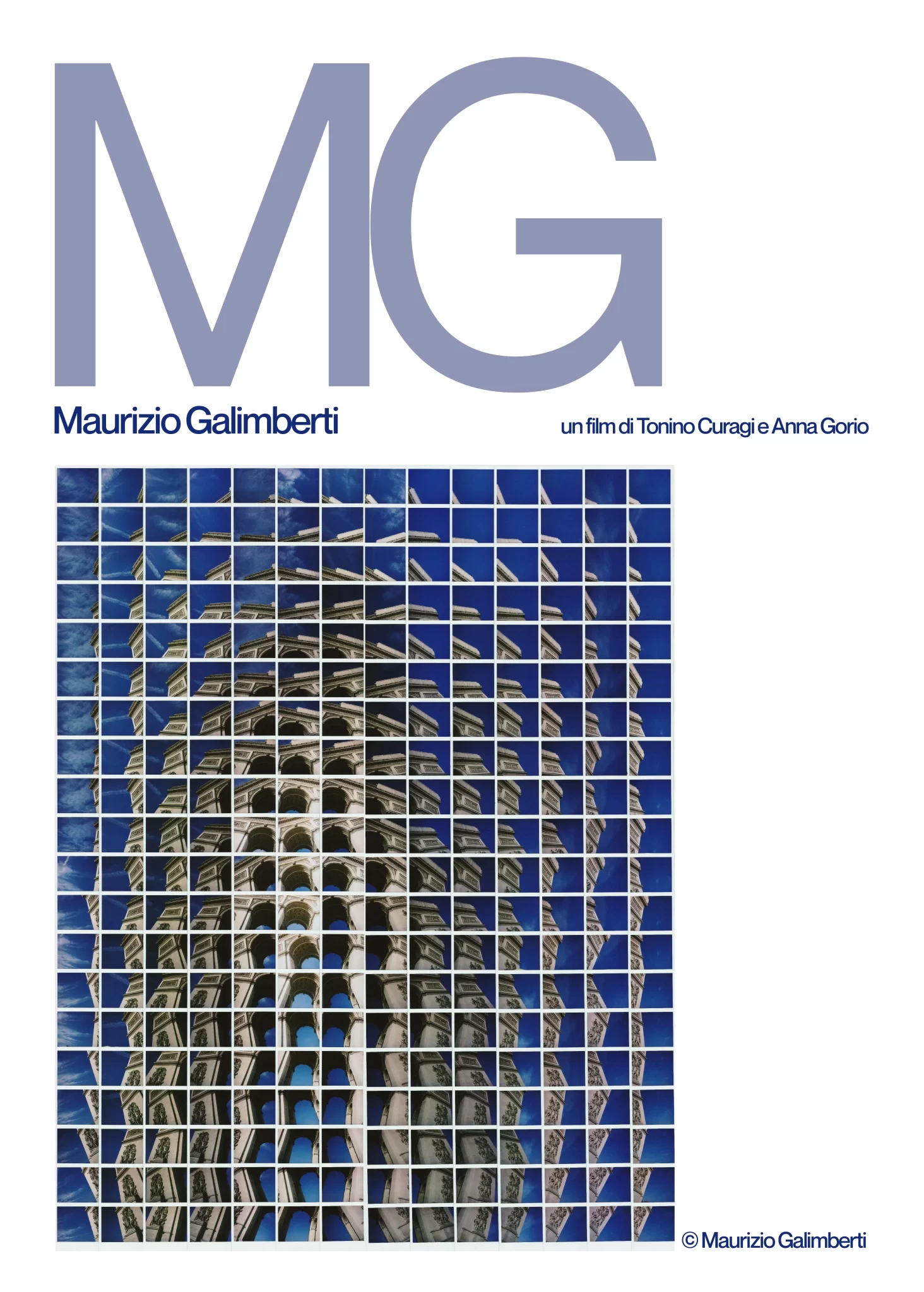 Locandina, MG, Maurizio Galimberti, un film di Tonino Curagi e Anna Gorio. Fotografia di un'architettura scattata da Maurizio Galimberti.